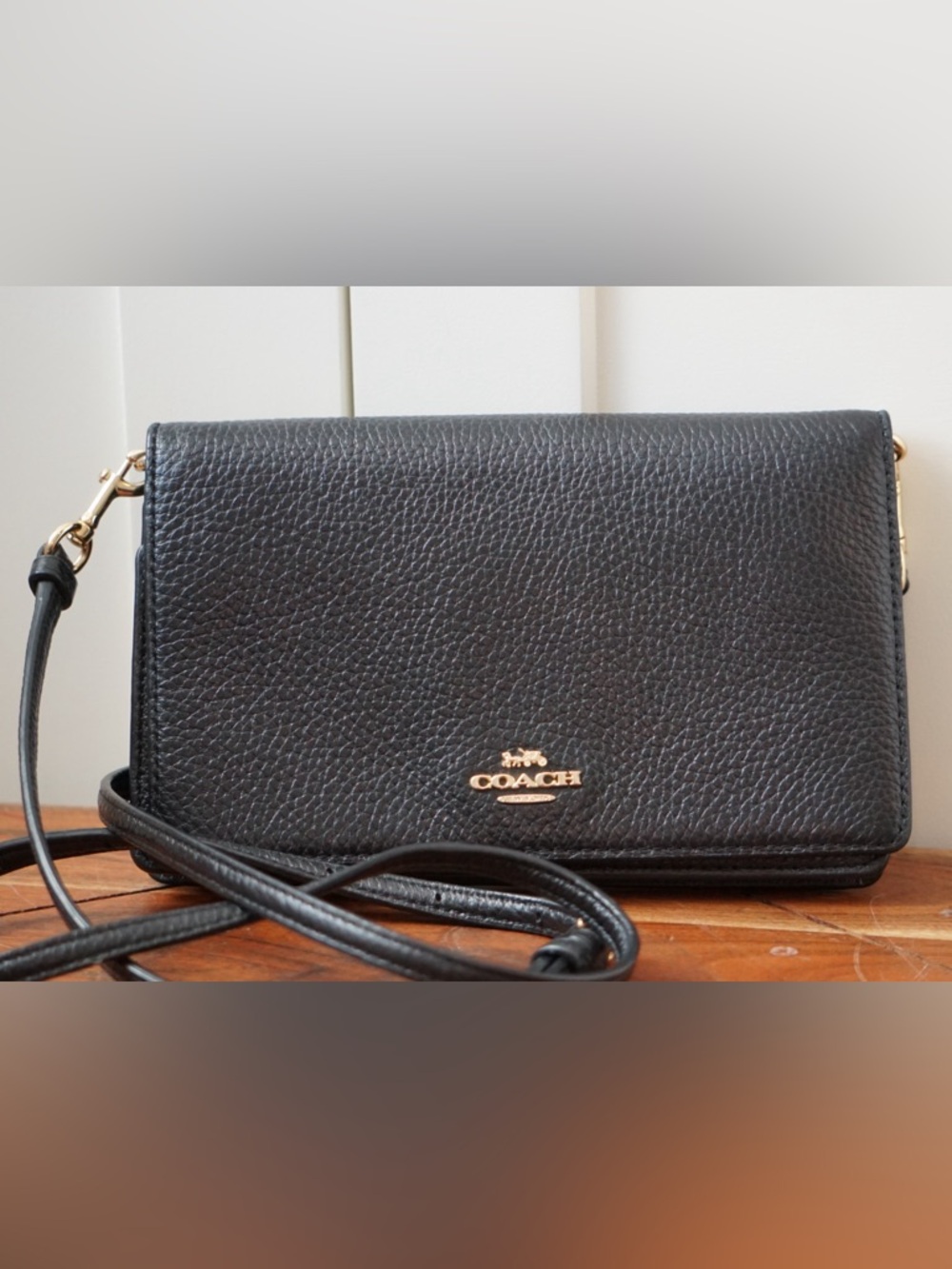 Coach Fold Over Crossbody Clutch Black Pebbled Leather Gold Hardware
